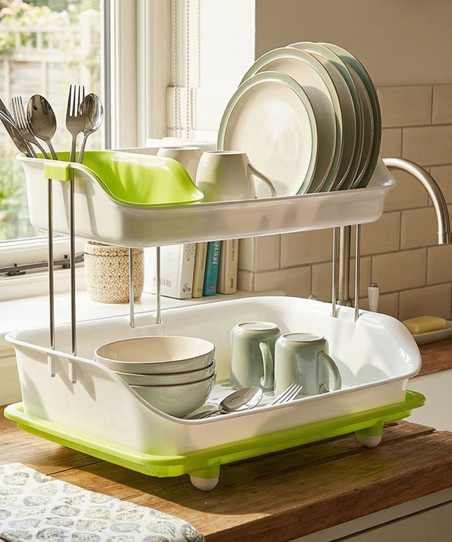 Prexo 2 Layer Kitchen Dish Drying Rack With Drain Tray (1 Set)