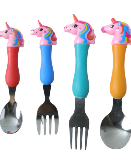 Unicorn Theme Kids Spoon And Fork With Plastic Handle Set (4 Pc Set)