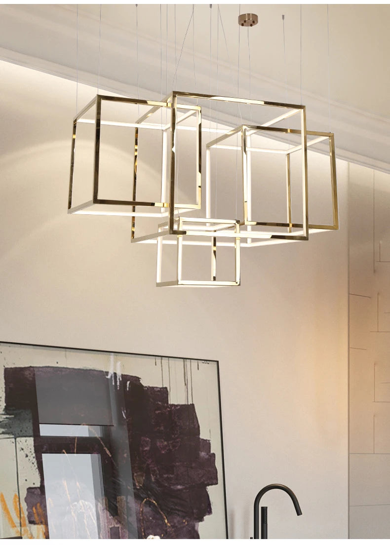 Modern square led chandelier art design postmodern luxury golden light Indoor Living Room Decor Lobby suspension chandelier