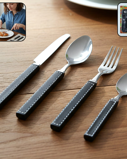 Premium Stainless Steel Kitchen Plastic Handle Cutlery Set With Tray (24 Pc Set)