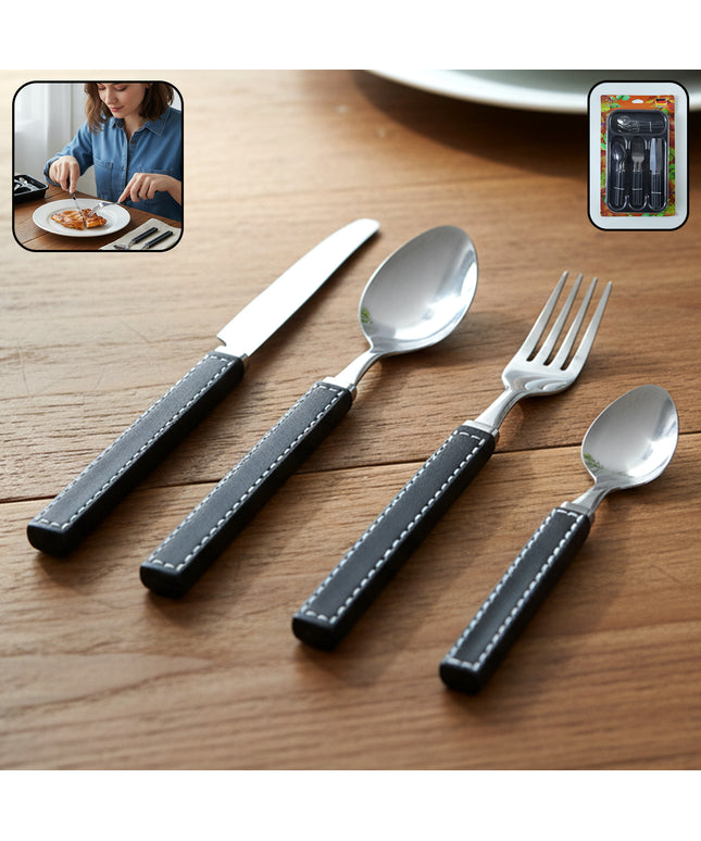 Premium Stainless Steel Kitchen Plastic Handle Cutlery Set With Tray (24 Pc Set)