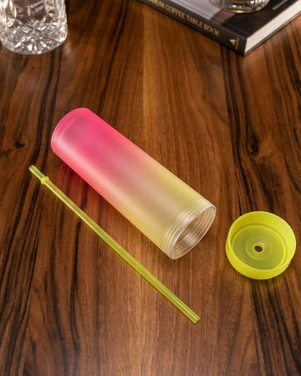 Gradient Plastic Drinking Tumbler Cup With Lid And Straw 400 Ml Approx