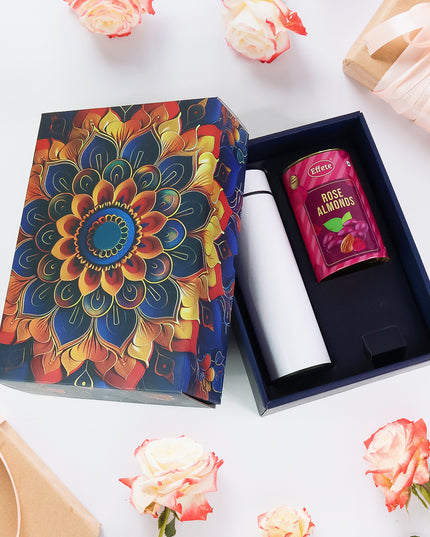 Effete Rose Almonds Gift Hamper Golden With Bottle (2 Pc Set)