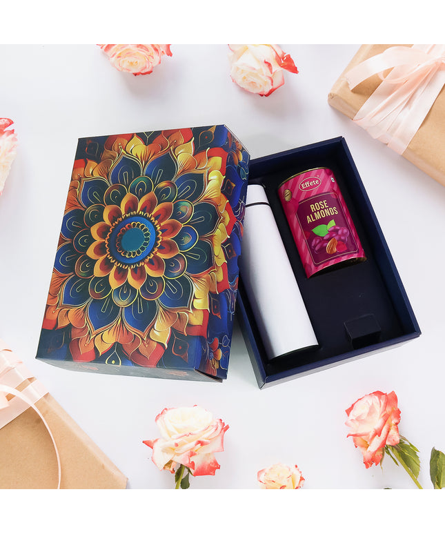 Effete Rose Almonds Gift Hamper Golden With Bottle (2 Pc Set)