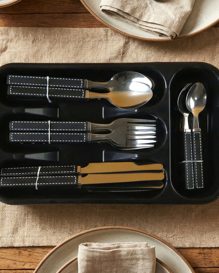 Premium Stainless Steel Kitchen Plastic Handle Cutlery Set With Tray (24 Pc Set)