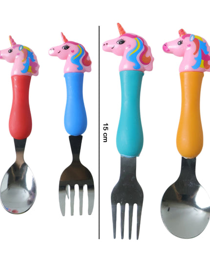 Unicorn Theme Kids Spoon And Fork With Plastic Handle Set (4 Pc Set)
