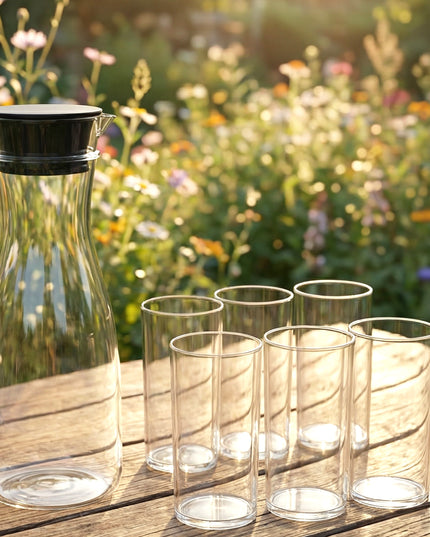 Prexo Plastic Water Jug And Drinking Glass Set (1 Jug 1000ml 6 Glasses 300ml)