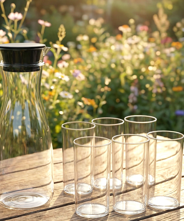 Prexo Plastic Water Jug And Drinking Glass Set (1 Jug 1000ml 6 Glasses 300ml)