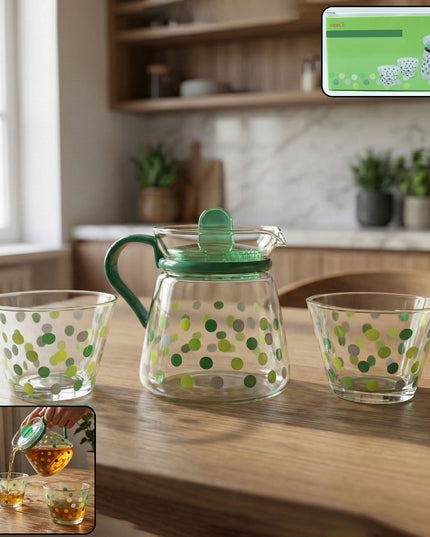 Elegant Glass Tea Pot With Matching Cups Set (1 Set)