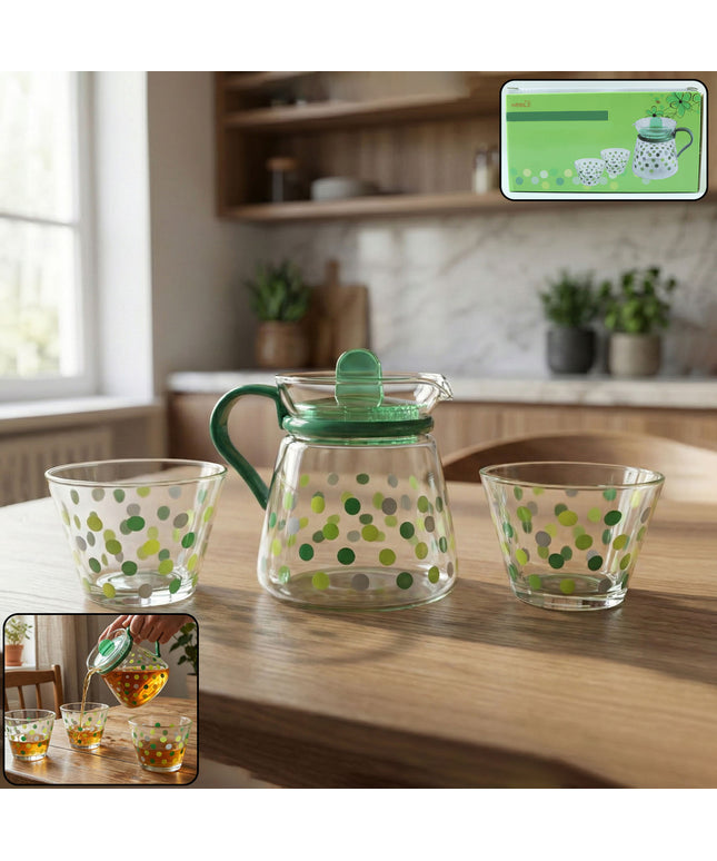 Elegant Glass Tea Pot With Matching Cups Set (1 Set)