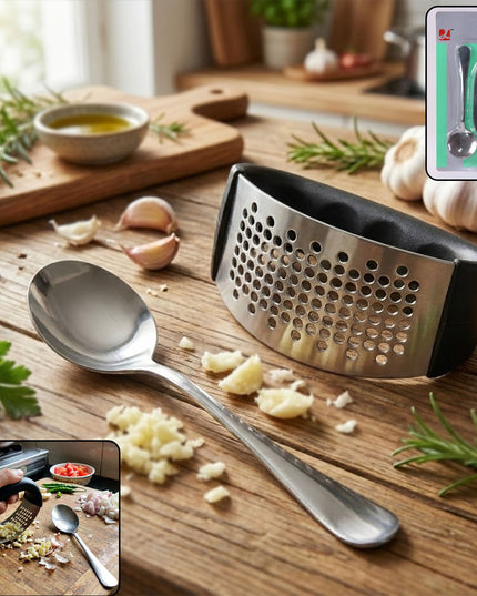 Heavy-duty Garlic Press Tool With Spoon Set (2 Pc Set)