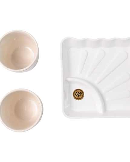 Cerntric Ceramic Tea Cup With Plastic Square Shape Serving Platter Milk Cup 3pc Set