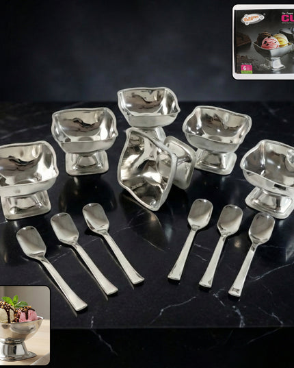 Premium Stainless Steel Ice Cream Cup With 6 Spoon Set (6 Pc Set)