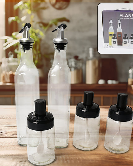 10011 Transparent Glassoil Dispenser 500 Ml Bottle Set Of 2 Spice Jar 250 Ml Set Of 3 Oil Bottle For Kitchen Oil  Vinegar Storage Glass Bottle Glass Container For Spice Masala (5 Pcs Set)
