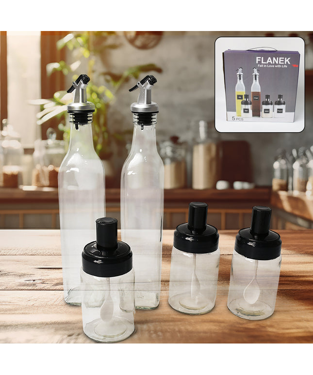 10011 Transparent Glassoil Dispenser 500 Ml Bottle Set Of 2 Spice Jar 250 Ml Set Of 3 Oil Bottle For Kitchen Oil  Vinegar Storage Glass Bottle Glass Container For Spice Masala (5 Pcs Set)