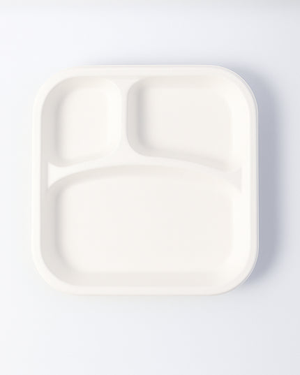 Compostable Bagasse 3-compartment Square Meal Plate