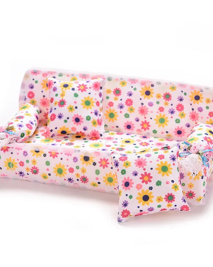 1 Set Cute Miniature Doll House Furniture Flower Cloth Sofa With 2 Cushions Pretend Play For Doll Kids Play House Toys