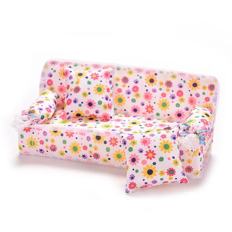 1 Set Cute Miniature Doll House Furniture Flower Cloth Sofa With 2 Cushions Pretend Play For Doll Kids Play House Toys
