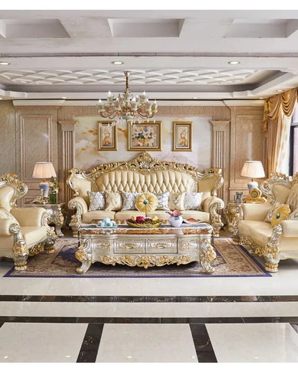 European Royal Luxury Villa Living Room Sofa Set Large Sized Solid Wood Carving with Noble Gold Finish for Hotels