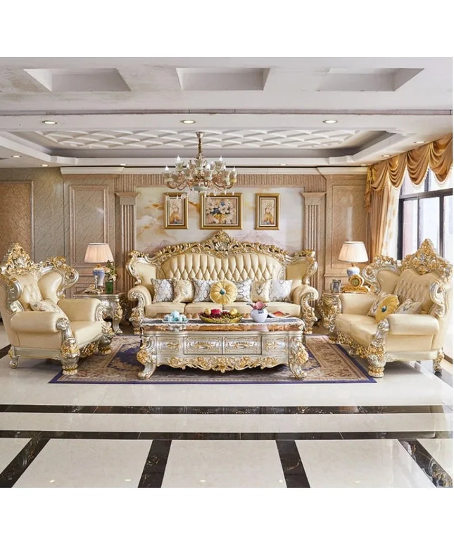 European Royal Luxury Villa Living Room Sofa Set Large Sized Solid Wood Carving with Noble Gold Finish for Hotels