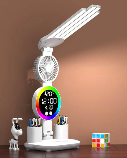 Rechargeable Table Lamp for Study, Desk Lamp Reading Light Led Table Light with Fan, Led Clock Dispaly Reading Lamp
