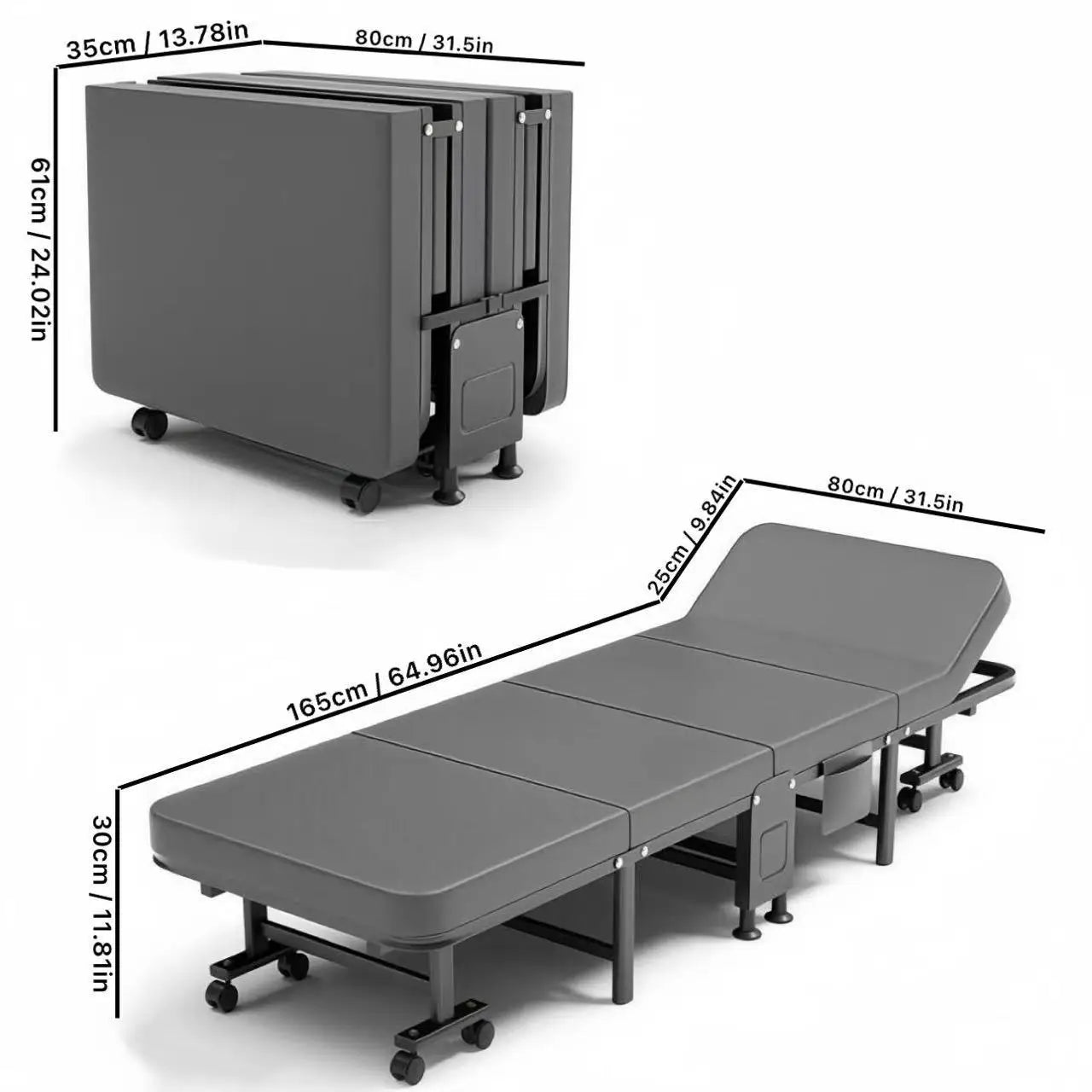 1 Dust Cover for a Folding Bed or 1 Folding Bed, Multifunctional Tech Fabric with High-Density Foam Mattress, Compact Storage Space, Single Bed, Folds into a Quarter, Easy to Assemble, with Wheels, Lightweight, Portable Iron