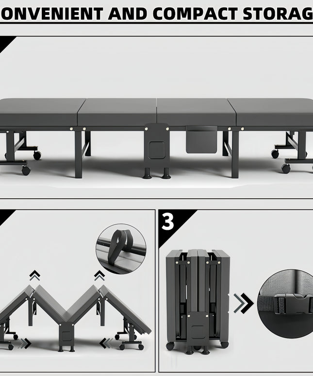 1 Dust Cover for a Folding Bed or 1 Folding Bed, Multifunctional Tech Fabric with High-Density Foam Mattress, Compact Storage Space, Single Bed, Folds into a Quarter, Easy to Assemble, with Wheels, Lightweight, Portable Iron