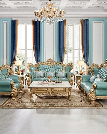 European Royal Luxury Villa Living Room Sofa Set Large Sized Solid Wood Carving with Noble Gold Finish for Hotels