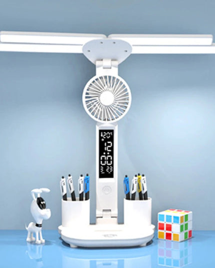 Rechargeable Table Lamp for Study, Desk Lamp Reading Light Led Table Light with Fan, Led Clock Dispaly Reading Lamp