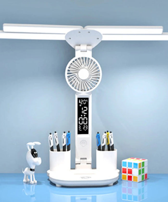 Rechargeable Table Lamp for Study, Desk Lamp Reading Light Led Table Light with Fan, Led Clock Dispaly Reading Lamp