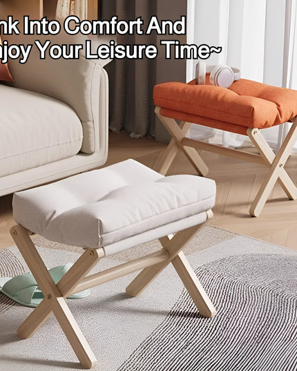 Solid Wood Shoe Changing Stool Footstool Sofa Rest Footstool, Folding Low Stool for The Entryway, Cotton-filled Cushion Stool