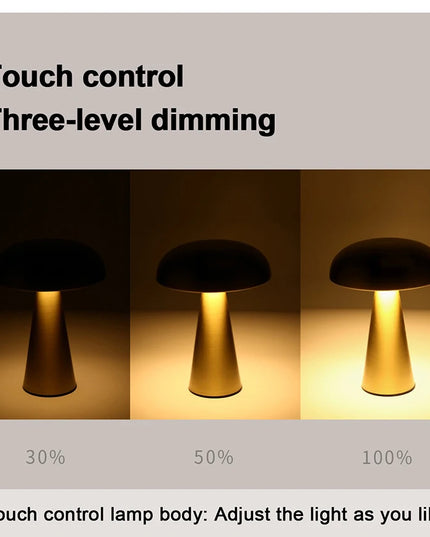 Rechargeable Table Lamp Bedroom Decoration Bar Living Room Bedside Mood Lights Touch Three Level Dimming Metal Mushroom Lamps