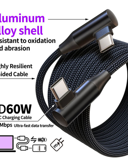 USB-C to Type-C 60W 3A Fast Charging Cable, 90° Angled Design, Nylon Braided. For Type-C phones/tablets/headphones. 25cm/50cm/1m