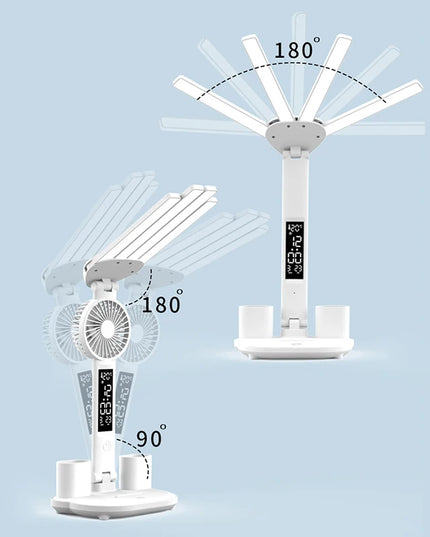 Rechargeable Table Lamp for Study, Desk Lamp Reading Light Led Table Light with Fan, Led Clock Dispaly Reading Lamp