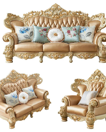 European Royal Luxury Villa Living Room Sofa Set Large Sized Solid Wood Carving with Noble Gold Finish for Hotels