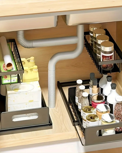 Under Sink Kitchen Storage Rack Set - Sliding Metal Drawer Organizer for Bathroom, Pantry, and Cabinets  Essential for Home Use