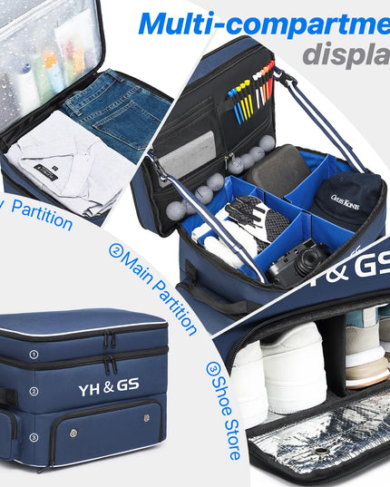 Golf Trunk Organizer Golf Shoes Bag With Large Golf Storage Box for Balls Tees Clothes Gloves Accessories ﻿with Shoe Compartment