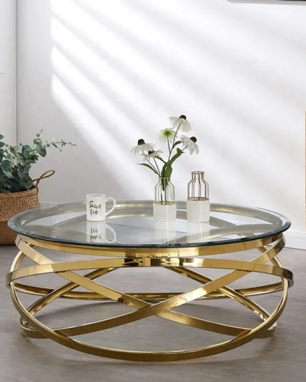 --Stainless steel frame living room side table golden glass top round coffee table modern sets clear fashion indoor