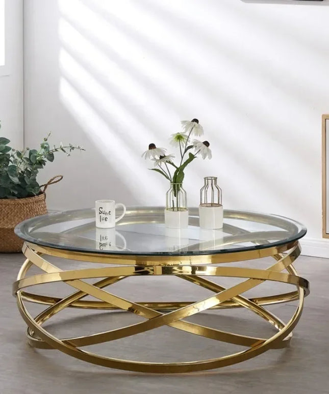 --Stainless steel frame living room side table golden glass top round coffee table modern sets clear fashion indoor