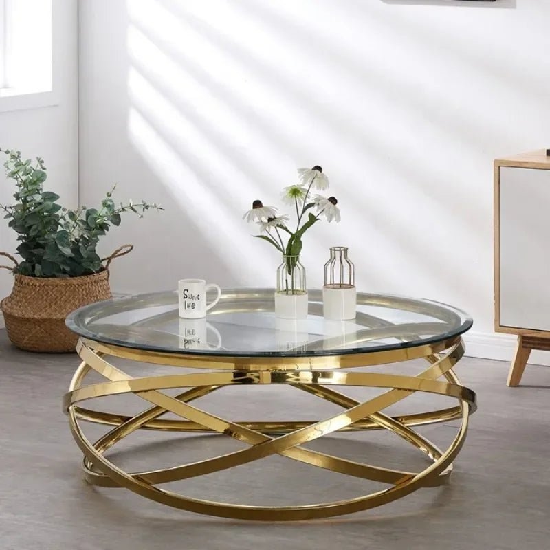 --Stainless steel frame living room side table golden glass top round coffee table modern sets clear fashion indoor