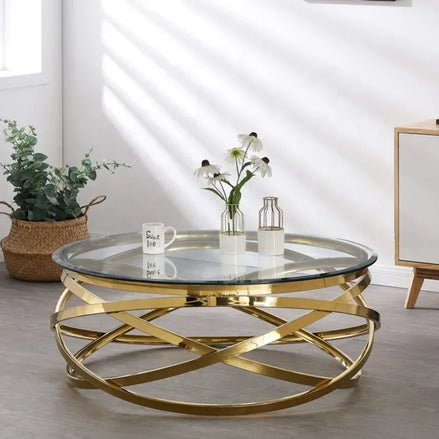 --Stainless steel frame living room side table golden glass top round coffee table modern sets clear fashion indoor