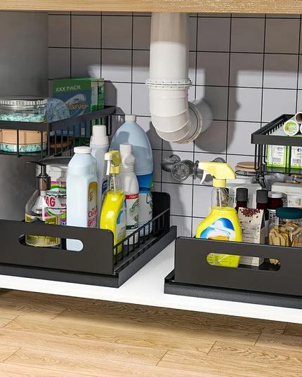 Under Sink Kitchen Storage Rack Set - Sliding Metal Drawer Organizer for Bathroom, Pantry, and Cabinets  Essential for Home Use