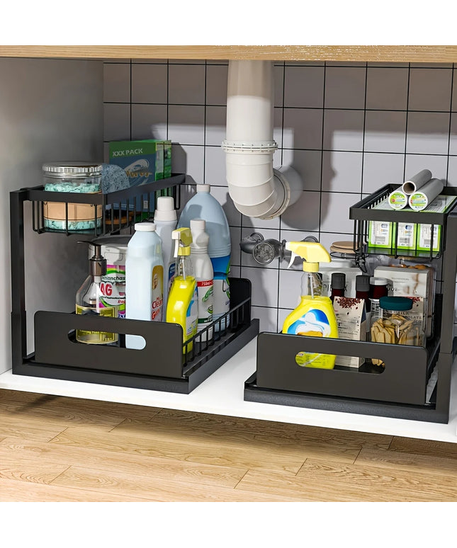 Under Sink Kitchen Storage Rack Set - Sliding Metal Drawer Organizer for Bathroom, Pantry, and Cabinets  Essential for Home Use