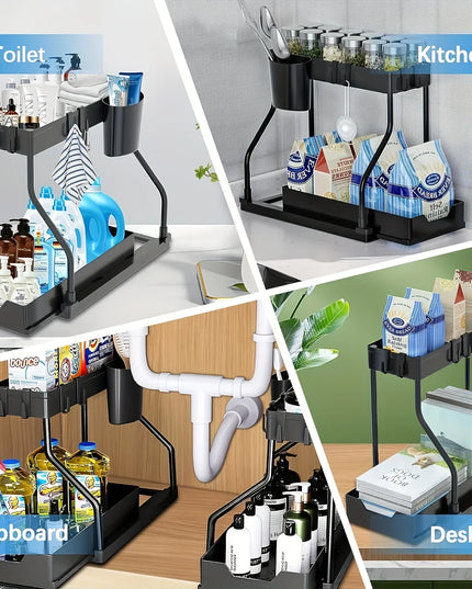 Under Sink Organizer Space Saving 2 Tier Pull Out Storage Box Durable Large Capacity Kitchen Bathroom Essential Drawer Organizer