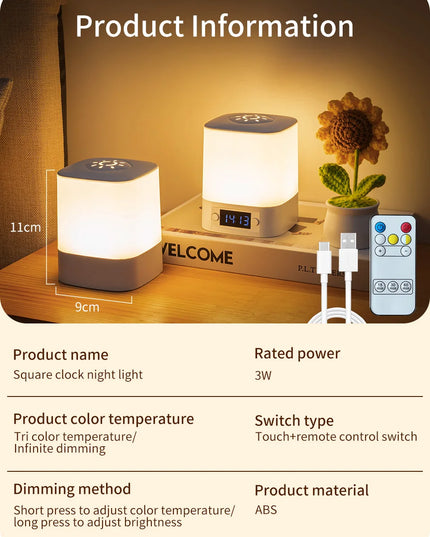 LED Night Lamp Rechargeable Table Lamp Clock Display Soft Sleeping Lamp Touch Switch Bedside Lamp for Bedroom Decor