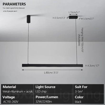 Modern LED linear chandelier for dining room office white bar pendant lights kitchen island lighting black minimalist lamp