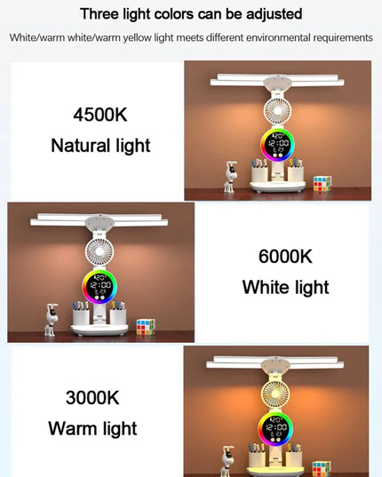 Rechargeable Table Lamp for Study, Desk Lamp Reading Light Led Table Light with Fan, Led Clock Dispaly Reading Lamp