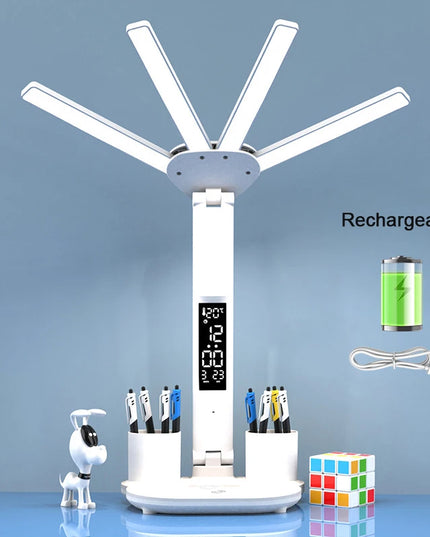 Rechargeable Table Lamp for Study, Desk Lamp Reading Light Led Table Light with Fan, Led Clock Dispaly Reading Lamp