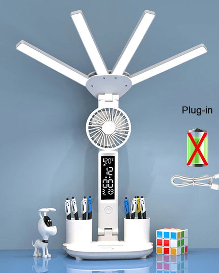 Rechargeable Table Lamp for Study, Desk Lamp Reading Light Led Table Light with Fan, Led Clock Dispaly Reading Lamp