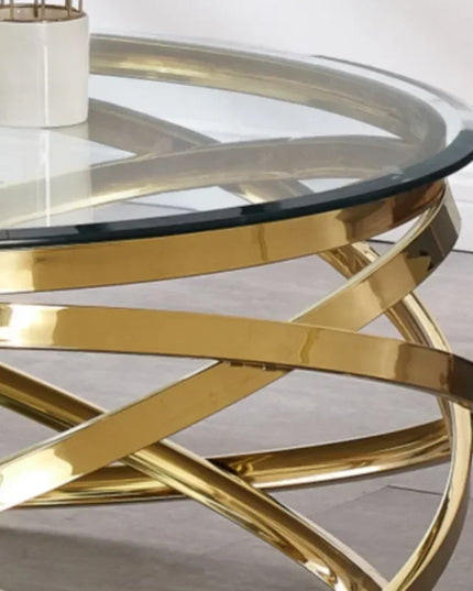 --Stainless steel frame living room side table golden glass top round coffee table modern sets clear fashion indoor